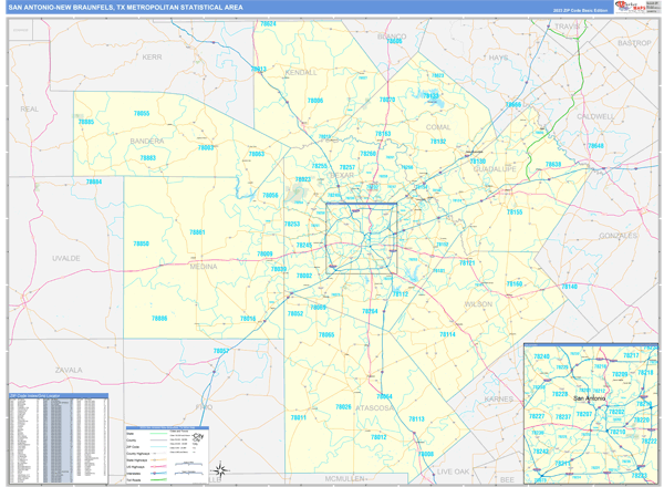 San Antonio-New Braunfels Metro Area Wall Map Basic Style